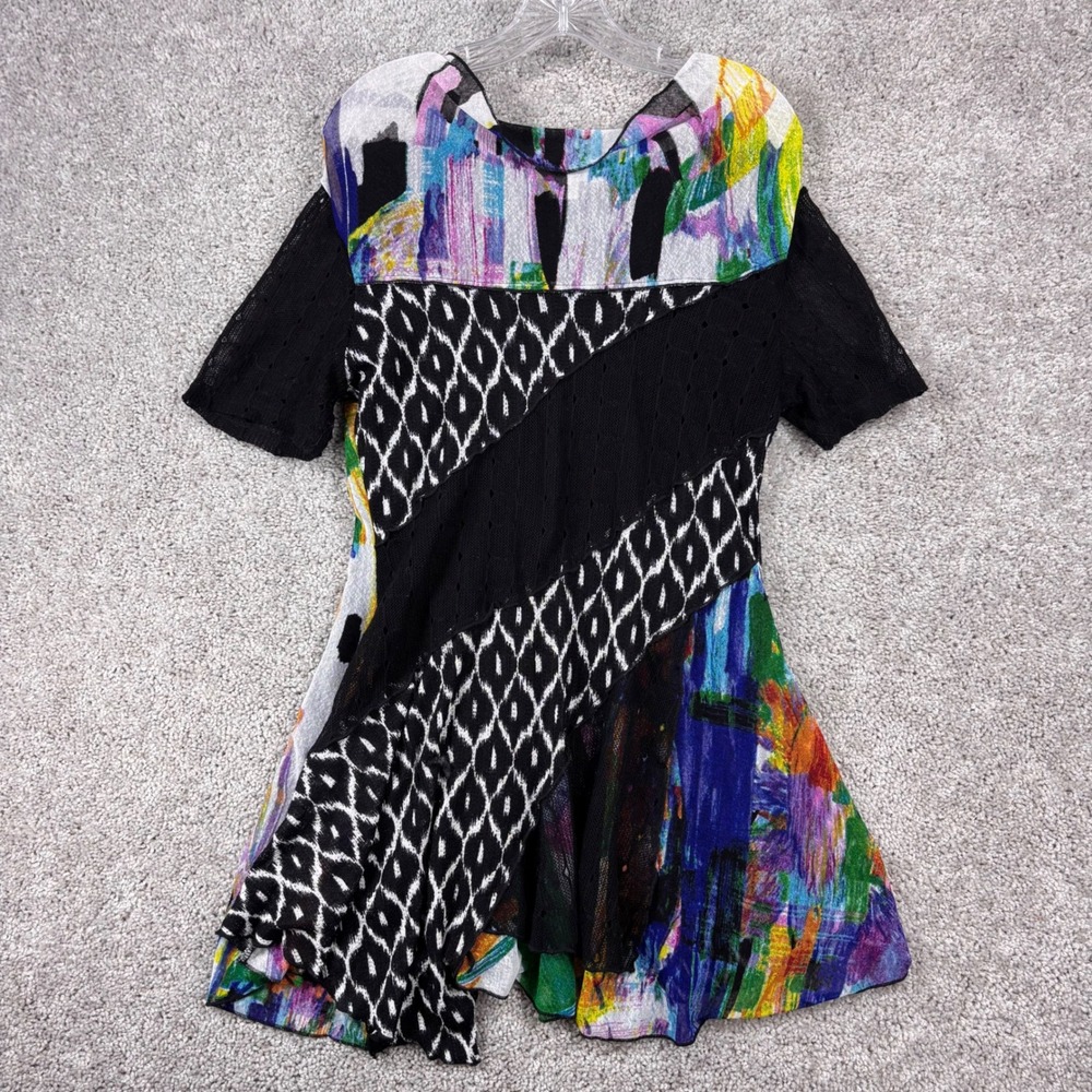 Feratelli Womens Small Patchwork Mixed Media Mesh Abstract Tunic Dress Multi